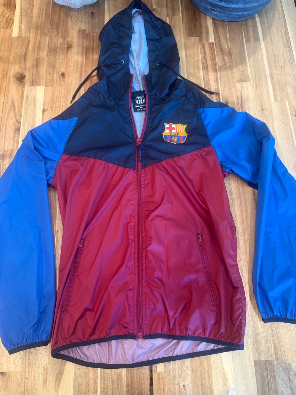 FC Barcelona Men's Hooded Windbreaker Jacket - Maroon, Blue, Black